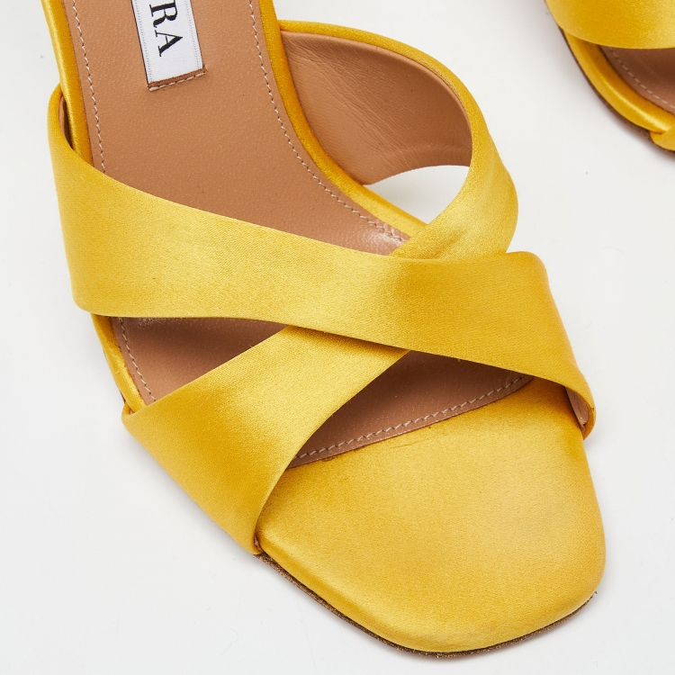 Pre Owned Aquazzura Yellow Satin Yes Darling Slide Sandals Size 37