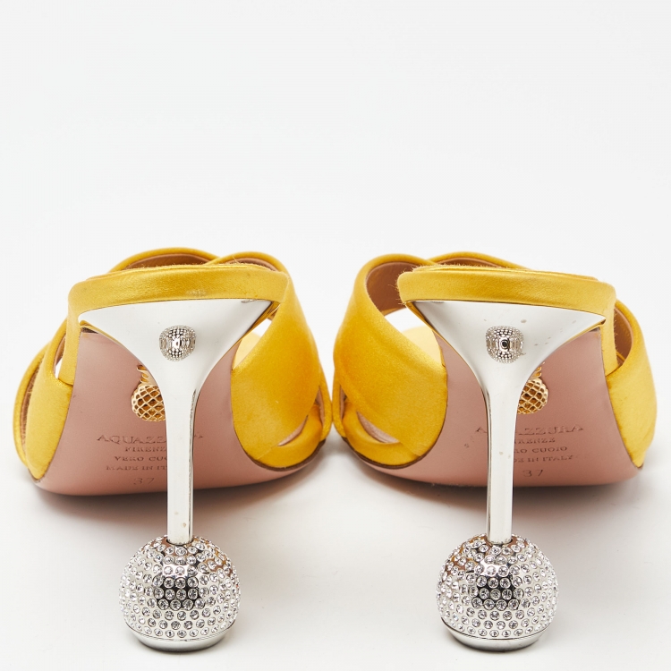 Pre Owned Aquazzura Yellow Satin Yes Darling Slide Sandals Size 37