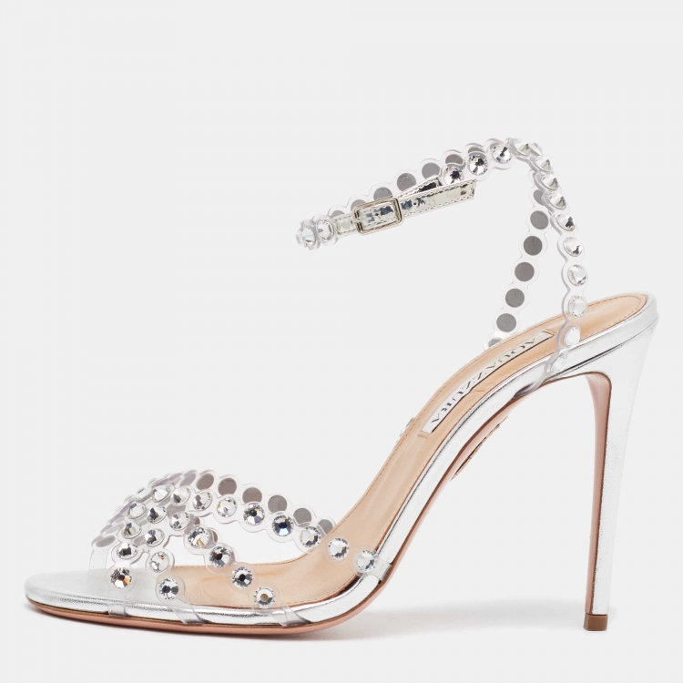 Pre Owned Aquazzura Silver PVC and Leather Tequila Plexi Sandals Size 38.5