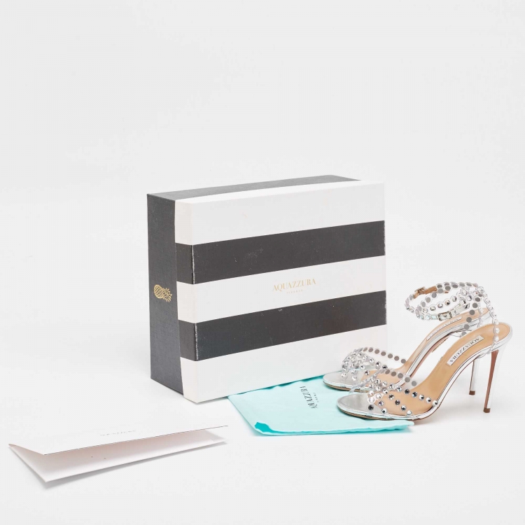 Pre Owned Aquazzura Silver PVC and Leather Tequila Plexi Sandals Size 38.5