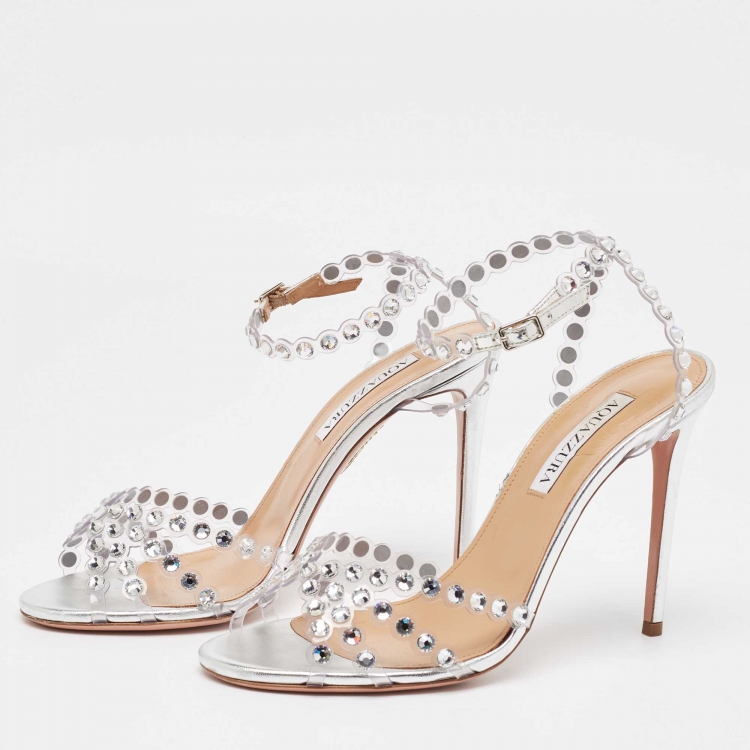 Pre Owned Aquazzura Silver PVC and Leather Tequila Plexi Sandals Size 38.5