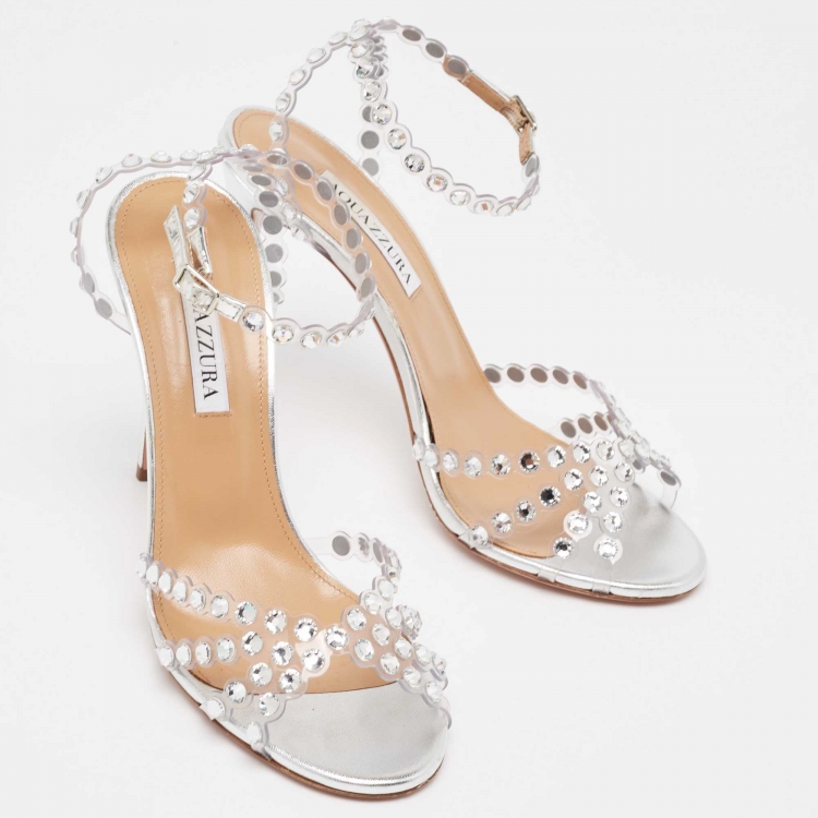 Pre Owned Aquazzura Silver PVC and Leather Tequila Plexi Sandals Size 38.5