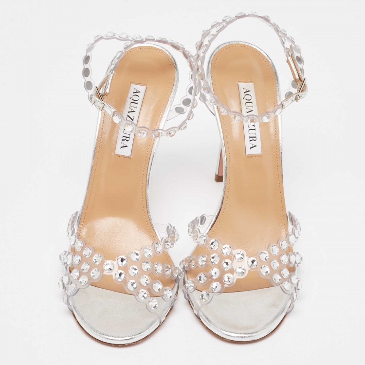 Pre Owned Aquazzura Silver PVC and Leather Tequila Plexi Sandals Size 38.5