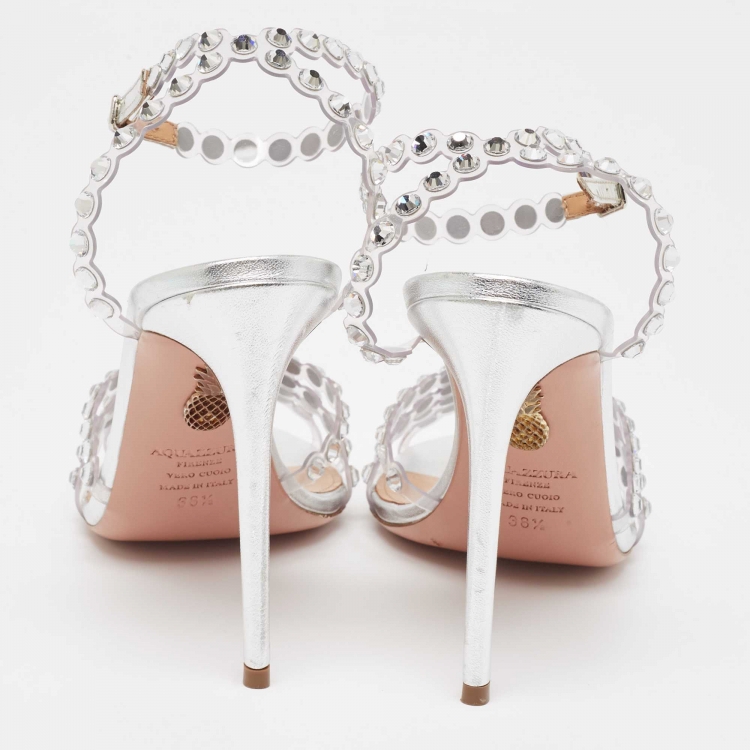 Pre Owned Aquazzura Silver PVC and Leather Tequila Plexi Sandals Size 38.5
