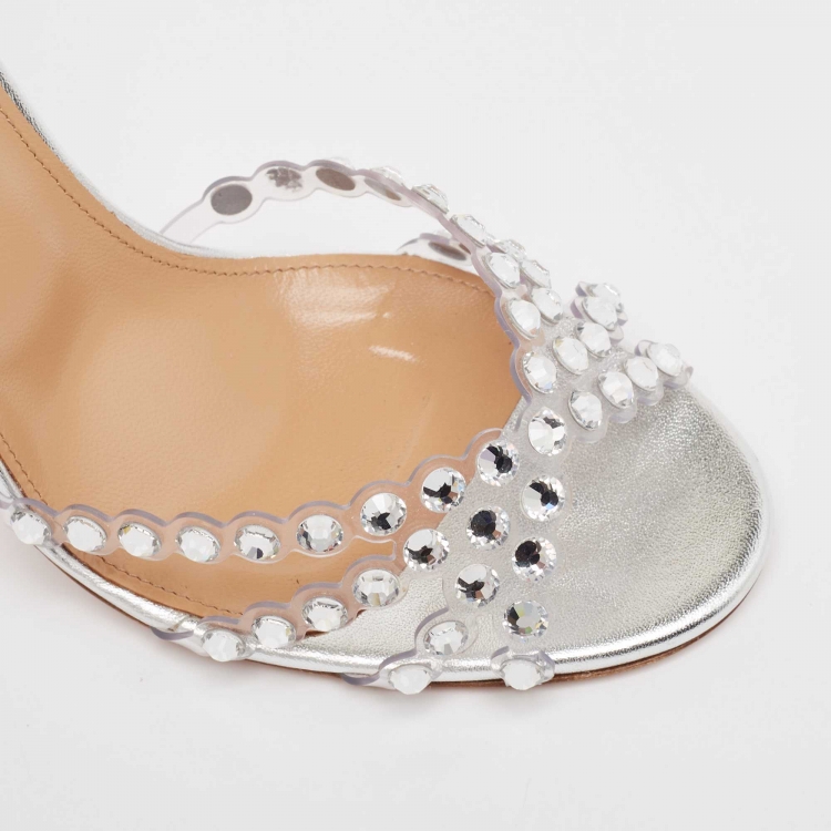 Pre Owned Aquazzura Silver PVC and Leather Tequila Plexi Sandals Size 38.5