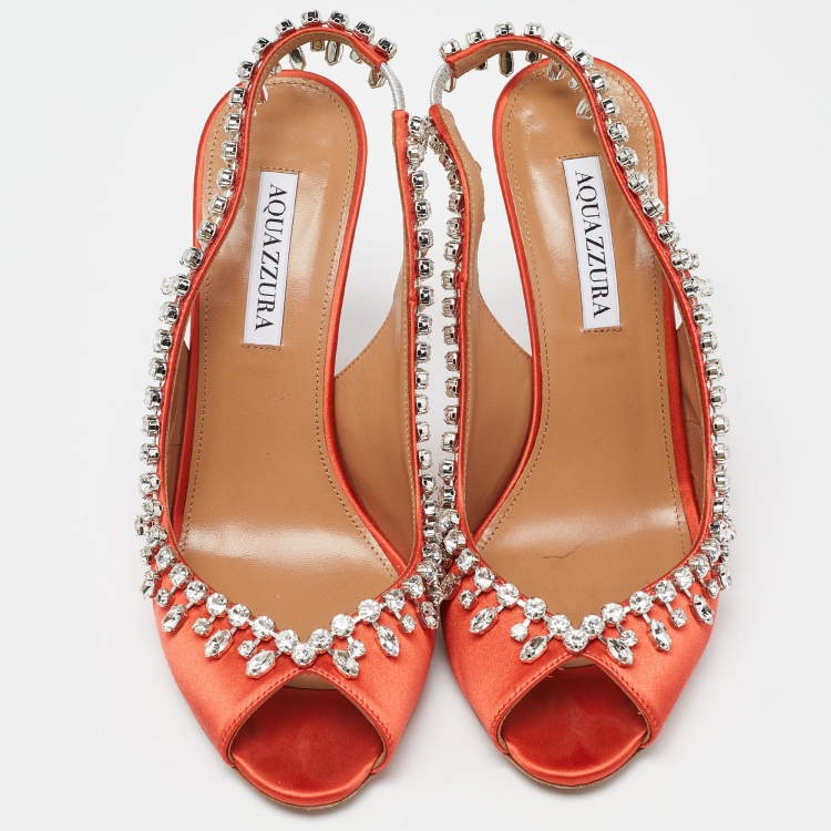 Pre Owned Aquazzura Orange Satin Crystal Embellished Slingback Pumps Size 39