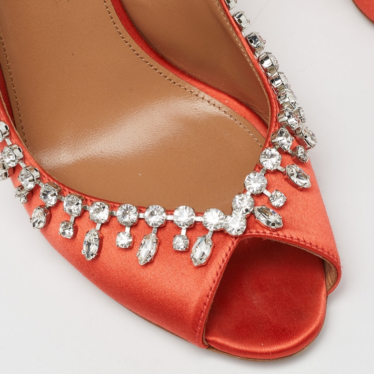Pre Owned Aquazzura Orange Satin Crystal Embellished Slingback Pumps Size 39