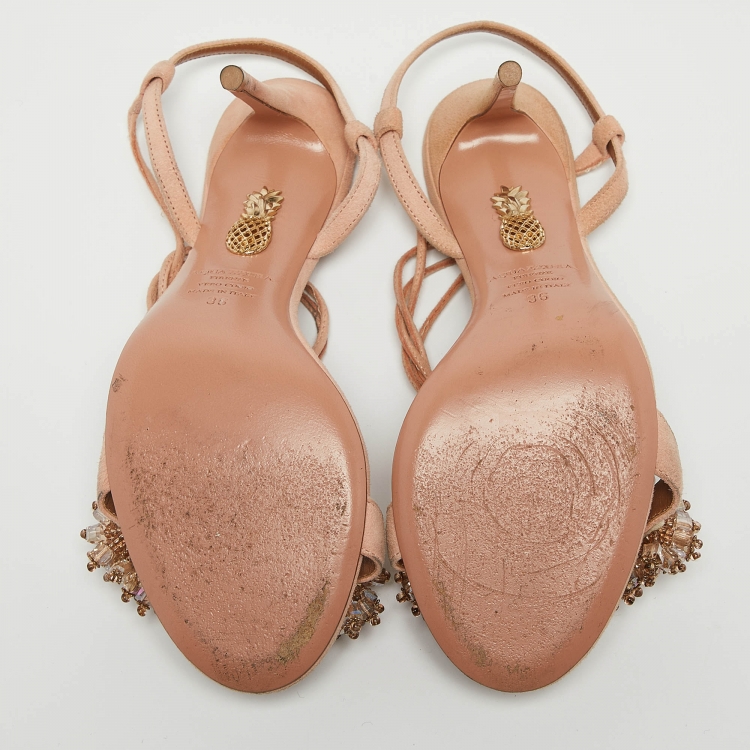 Pre Owned Aquazzura Pink Suede Crystal Embellished Monaco Sandals Size 36