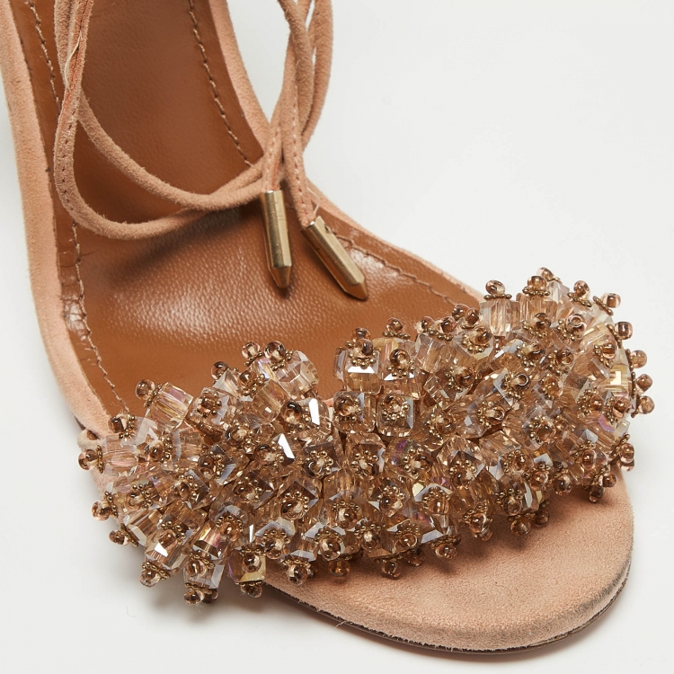 Pre Owned Aquazzura Pink Suede Crystal Embellished Monaco Sandals Size 36