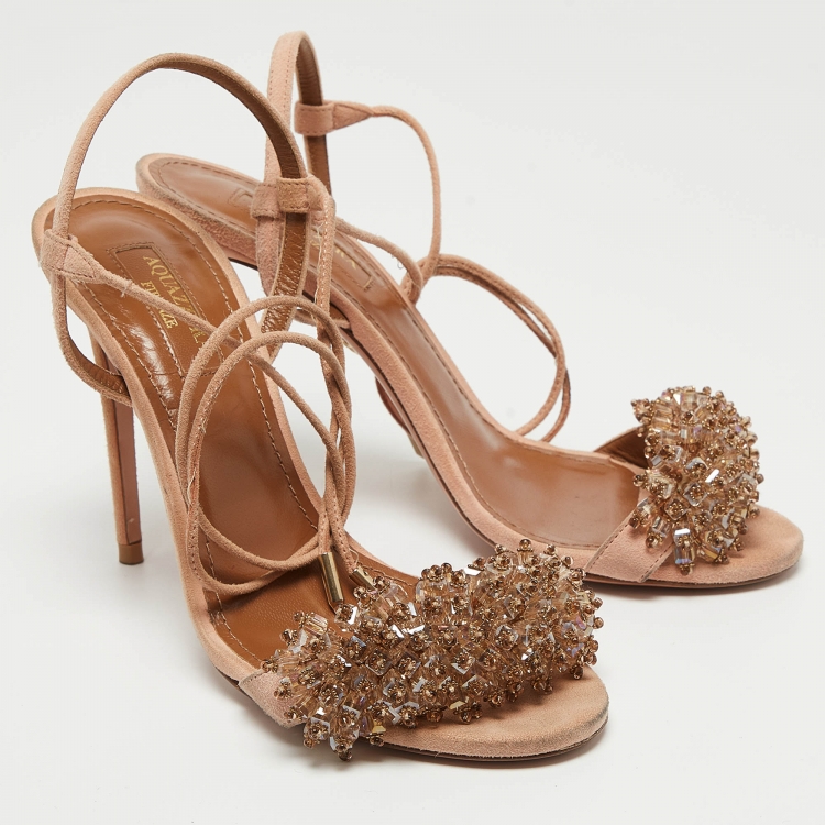 Pre Owned Aquazzura Pink Suede Crystal Embellished Monaco Sandals Size 36