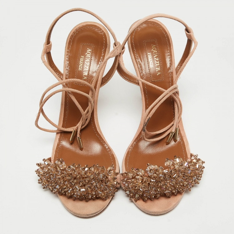 Pre Owned Aquazzura Pink Suede Crystal Embellished Monaco Sandals Size 36