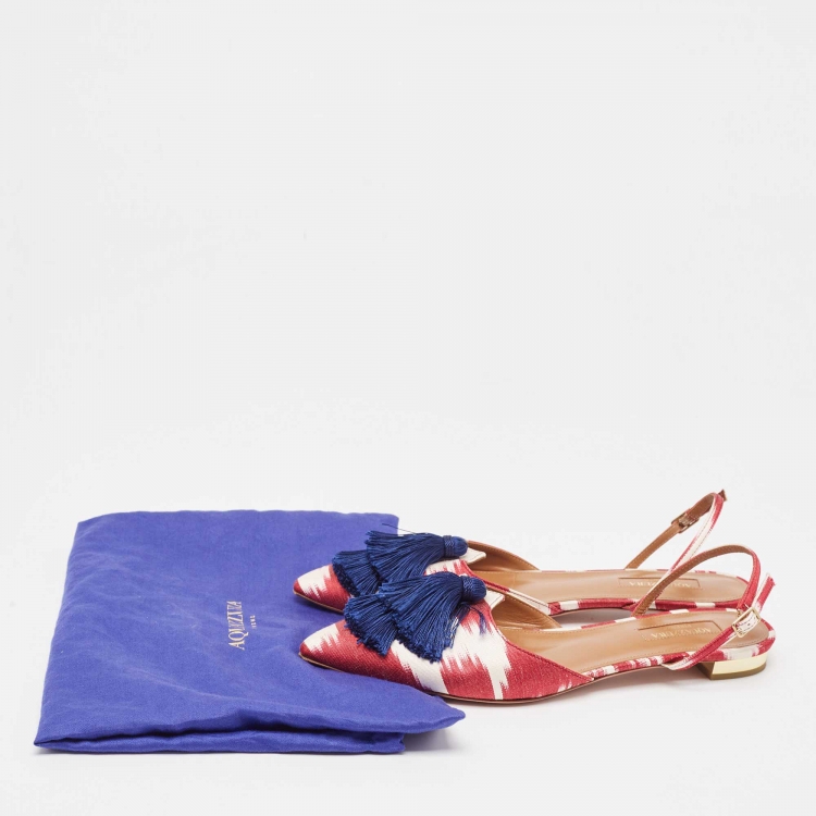 Pre Owned Aquazzura Burgundy/White Canvas Fringe Detail Slingback  Flats Size 38