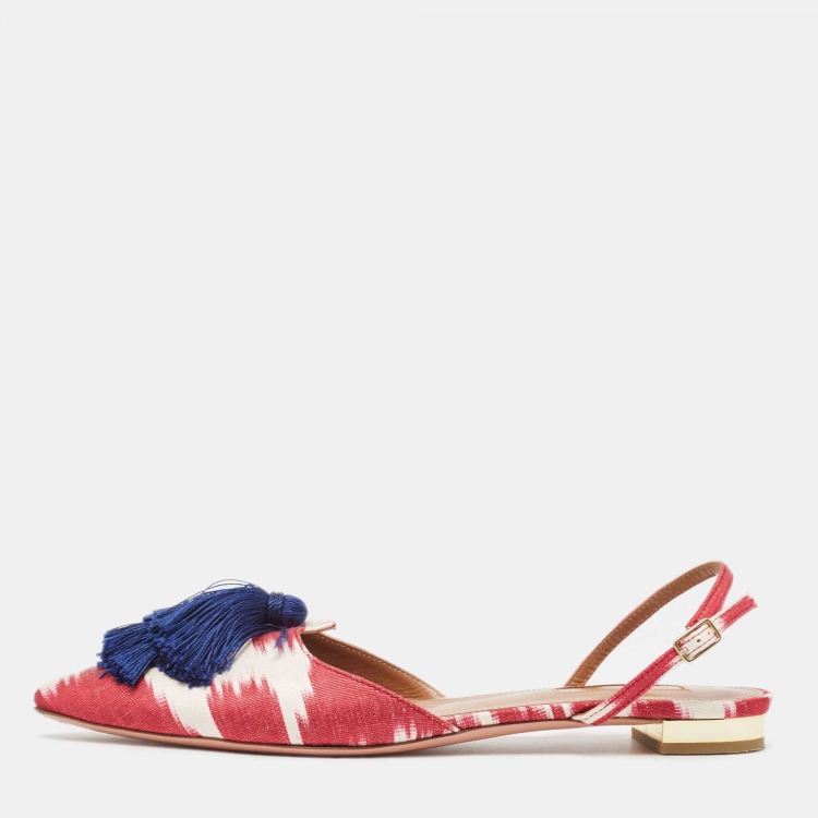 Pre Owned Aquazzura Burgundy/White Canvas Fringe Detail Slingback  Flats Size 38