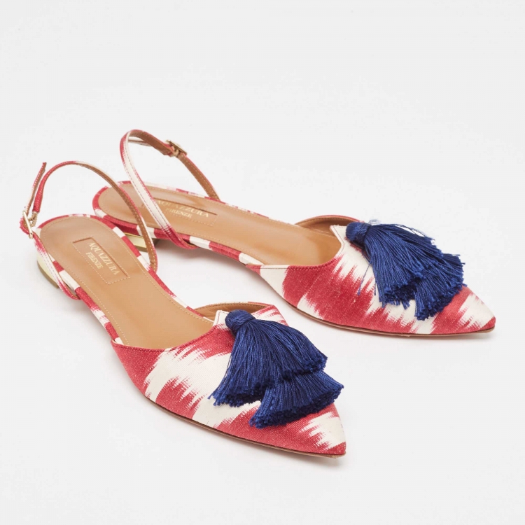 Pre Owned Aquazzura Burgundy/White Canvas Fringe Detail Slingback  Flats Size 38