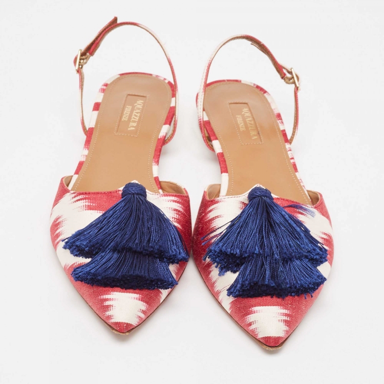 Pre Owned Aquazzura Burgundy/White Canvas Fringe Detail Slingback  Flats Size 38