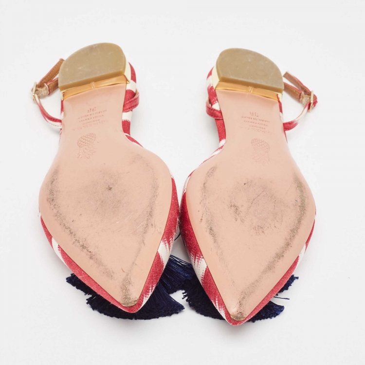 Pre Owned Aquazzura Burgundy/White Canvas Fringe Detail Slingback  Flats Size 38