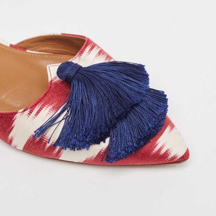 Pre Owned Aquazzura Burgundy/White Canvas Fringe Detail Slingback  Flats Size 38