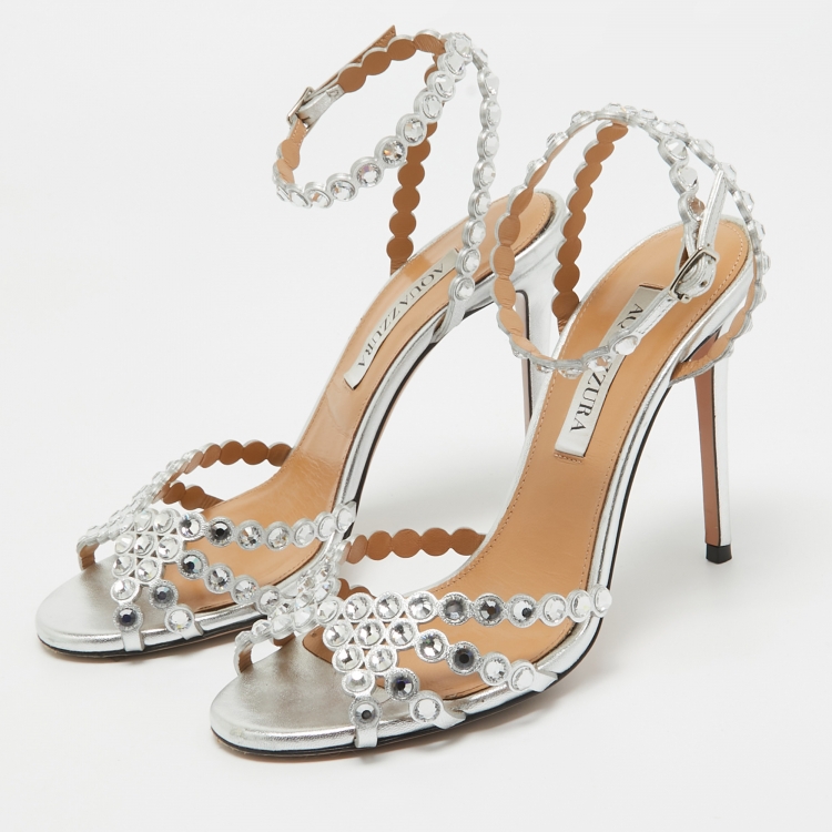 Pre Owned Aquazzura Silver Leather Crystal Embellished Ankle Wrap Sandals Size 37