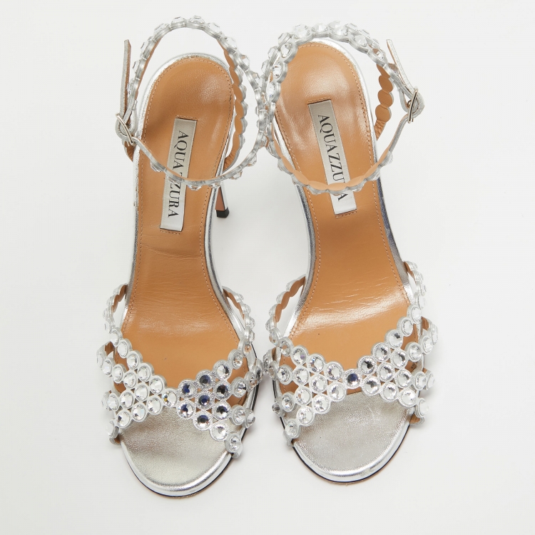 Pre Owned Aquazzura Silver Leather Crystal Embellished Ankle Wrap Sandals Size 37
