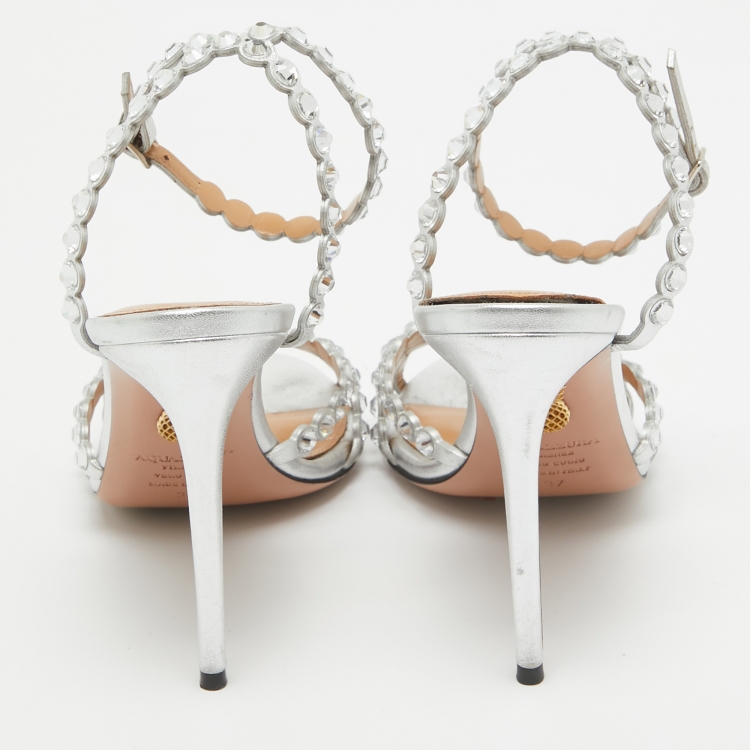 Pre Owned Aquazzura Silver Leather Crystal Embellished Ankle Wrap Sandals Size 37