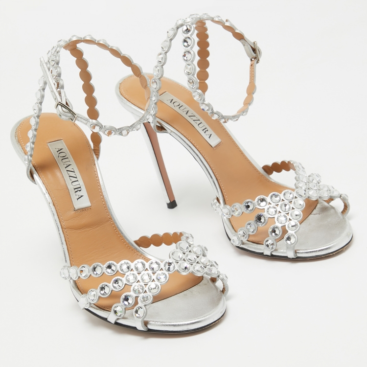 Pre Owned Aquazzura Silver Leather Crystal Embellished Ankle Wrap Sandals Size 37