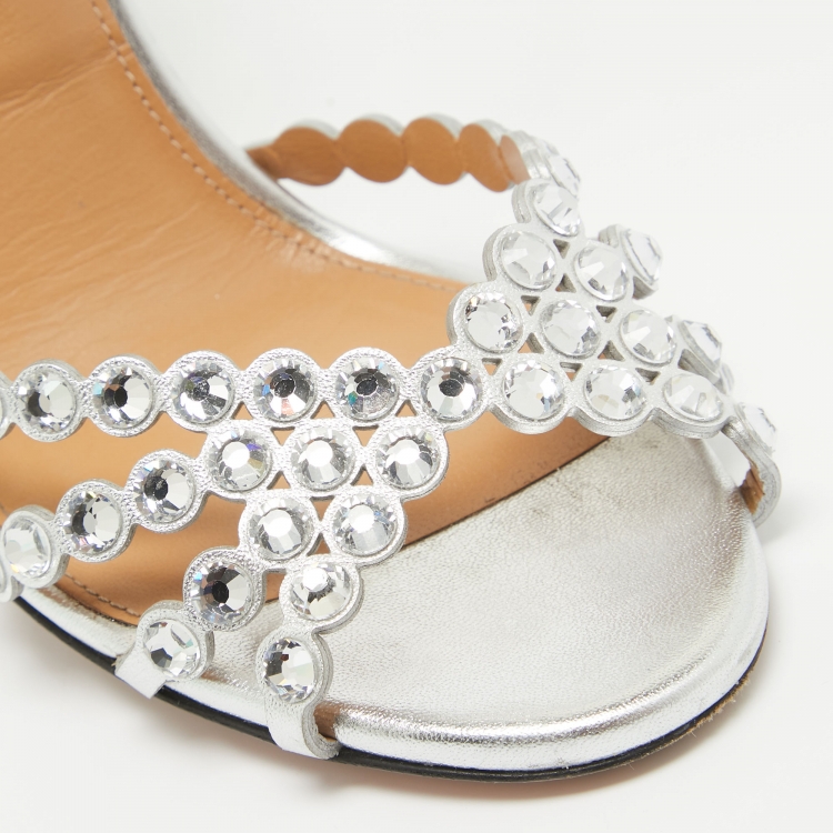 Pre Owned Aquazzura Silver Leather Crystal Embellished Ankle Wrap Sandals Size 37