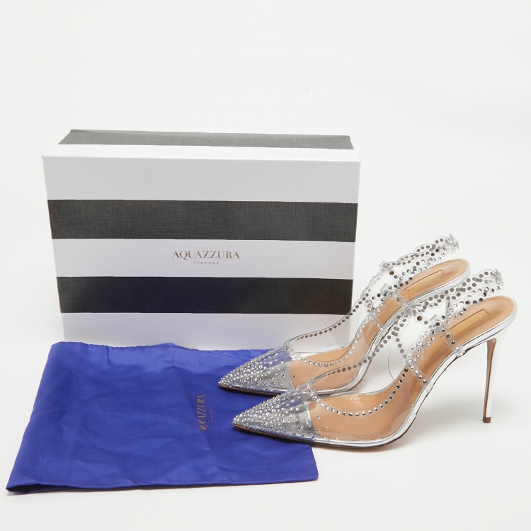 Pre Owned Aquazzura Transparent PVC and Crystal Embellished Slingback Pumps Size 41