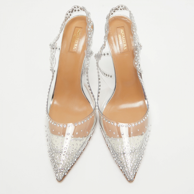 Pre Owned Aquazzura Transparent PVC and Crystal Embellished Slingback Pumps Size 41
