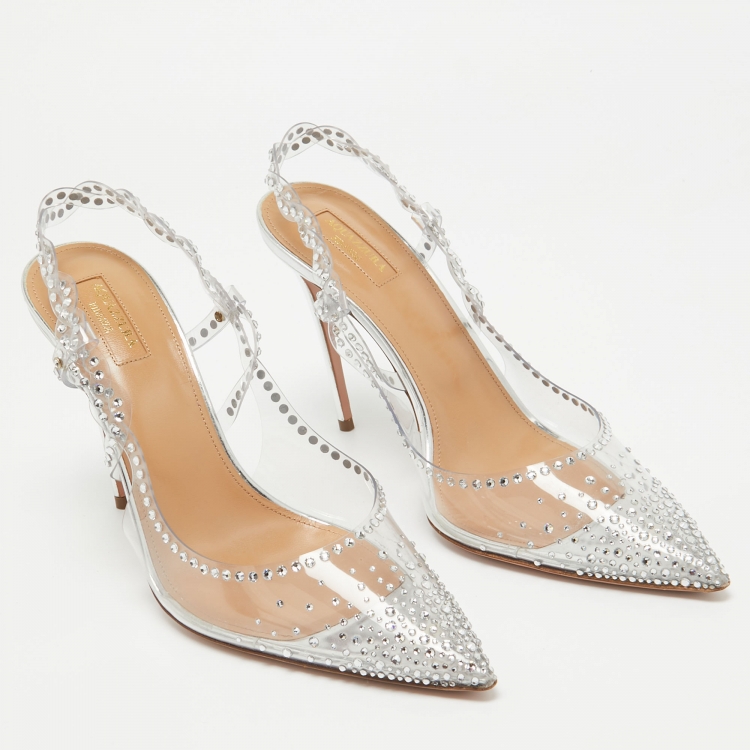 Pre Owned Aquazzura Transparent PVC and Crystal Embellished Slingback Pumps Size 41
