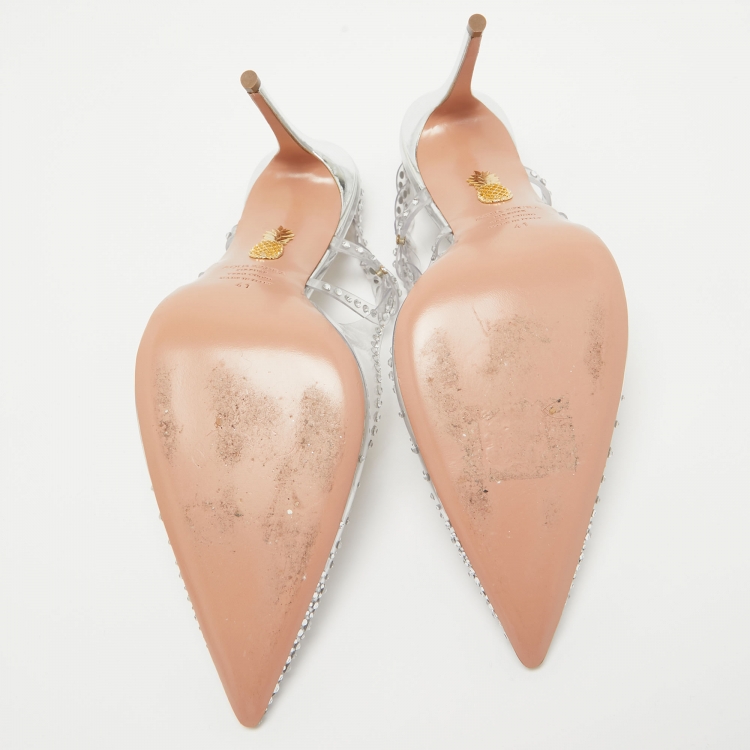 Pre Owned Aquazzura Transparent PVC and Crystal Embellished Slingback Pumps Size 41