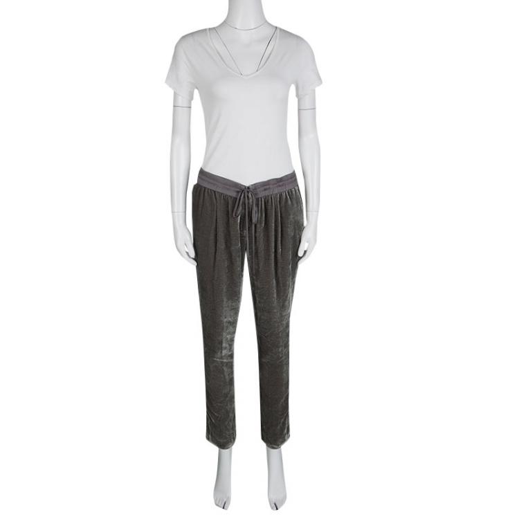 Pre Owned Armani Collezioni Grey Burnout Striped Velvet Drawstring Detail Pants M