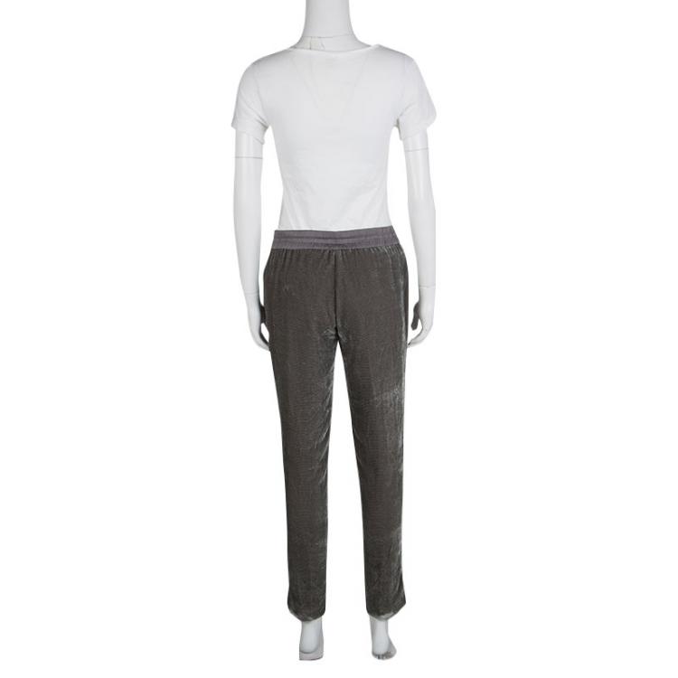 Pre Owned Armani Collezioni Grey Burnout Striped Velvet Drawstring Detail Pants M