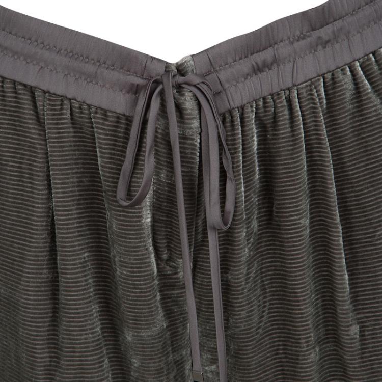 Pre Owned Armani Collezioni Grey Burnout Striped Velvet Drawstring Detail Pants M