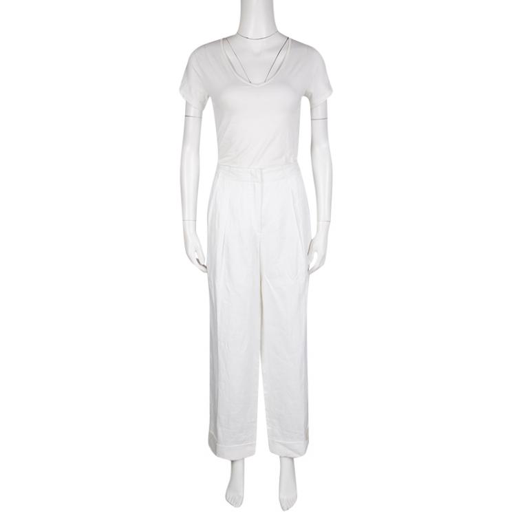 Pre Owned Armani Collezioni White Linen Wide Leg Pants L