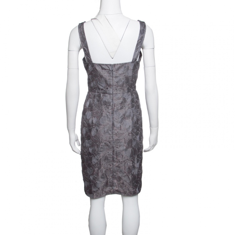 Pre Owned Armani Collezioni Grey Floral Embroidered Pleated Organza Dress M