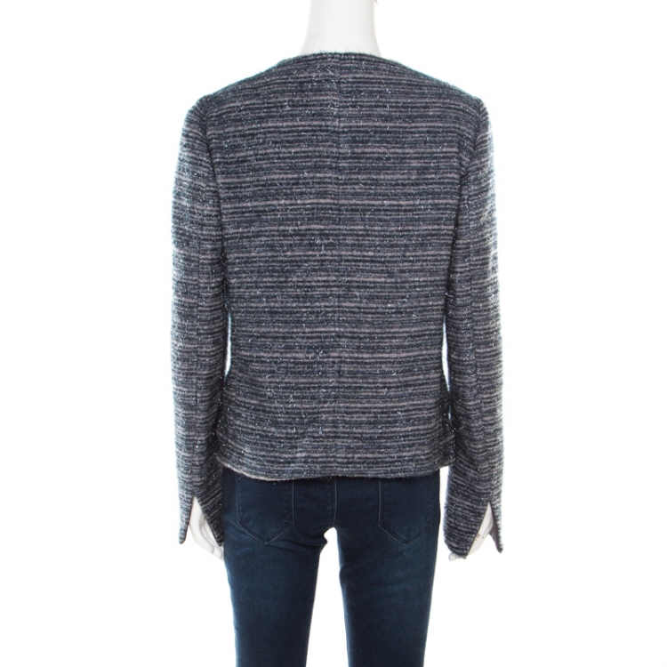 Pre Owned Armani Collezioni Metallic Blue Striped Fuzzy Blazer L