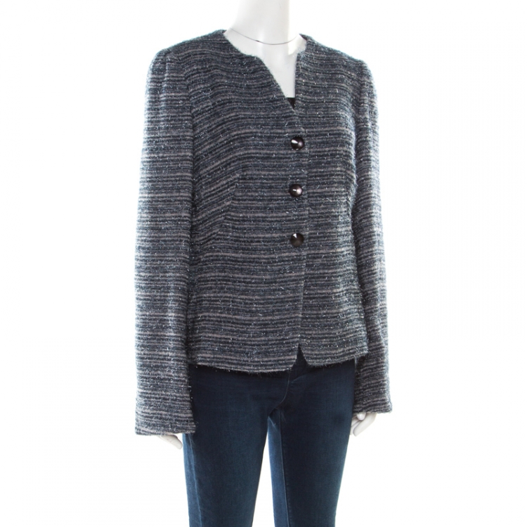 Pre Owned Armani Collezioni Metallic Blue Striped Fuzzy Blazer L