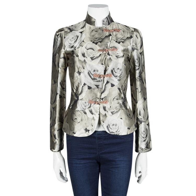 Pre Owned Armani Collezioni Grey Floral Jacquard Frog Button Detail Blazer S