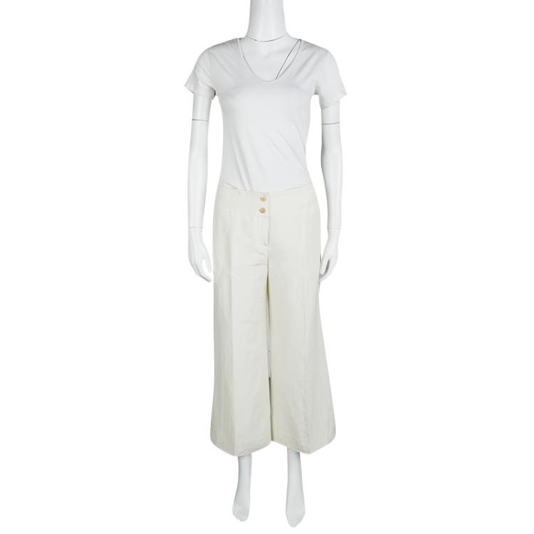 Pre Owned Armani Collezioni Cream Linen Silk High Waist Wide Leg Pants M