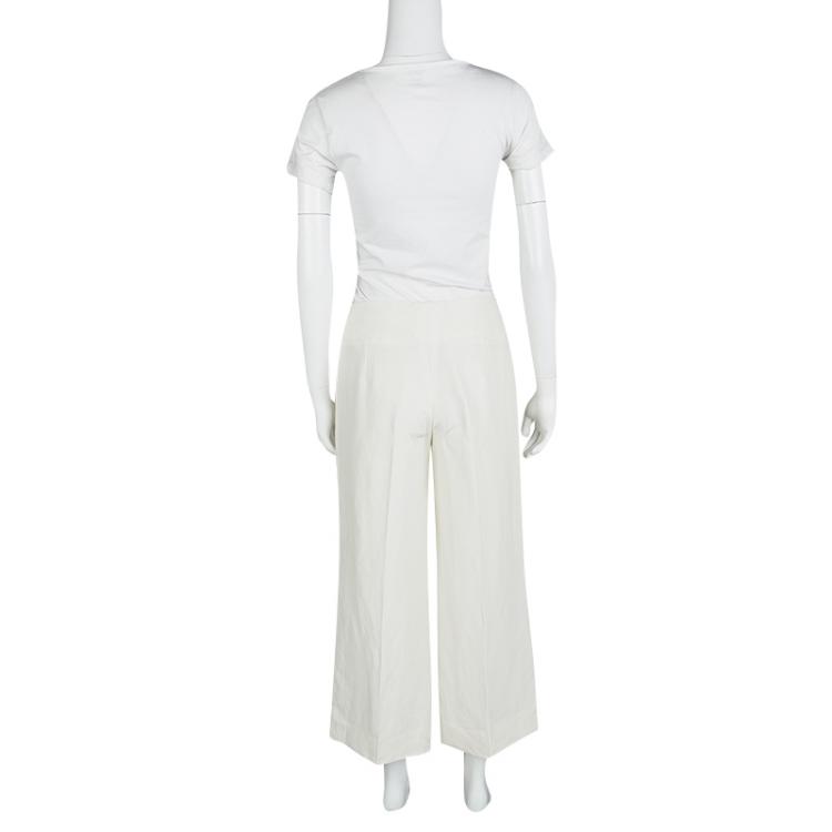 Pre Owned Armani Collezioni Cream Linen Silk High Waist Wide Leg Pants M