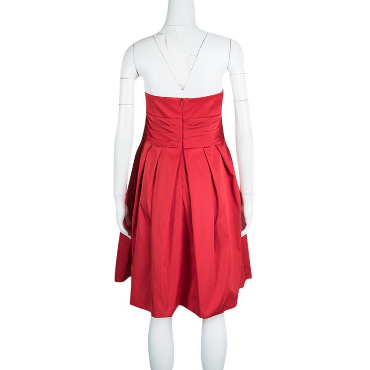 Pre Owned Armani Collezioni Red Pleated Satin Strapless Bustier Dress L