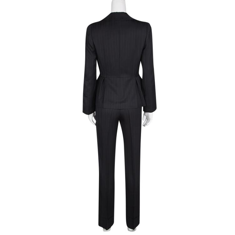 Pre Owned Armani Collezioni Black Self Striped Wool Blend Pant Suit S