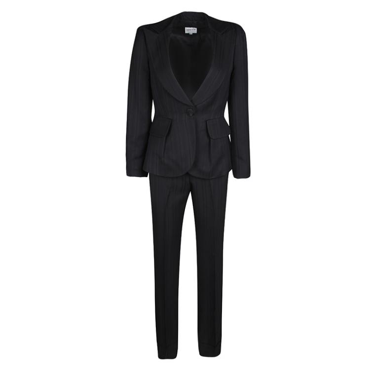 Pre Owned Armani Collezioni Black Self Striped Wool Blend Pant Suit S