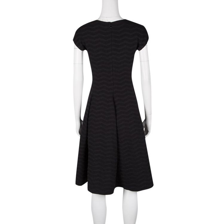 Pre Owned Armani Collezioni Black Chevron Pattern Textured Knit Fit and Flare Dress M