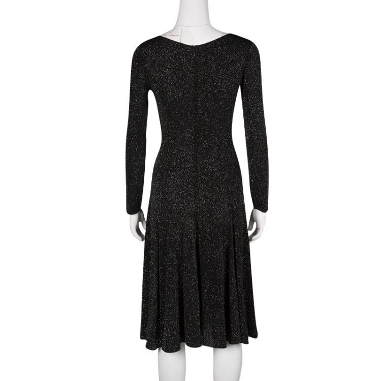 Pre Owned Armani Collezioni Black Glitter Twist Front Detail Long Sleeve Dress S