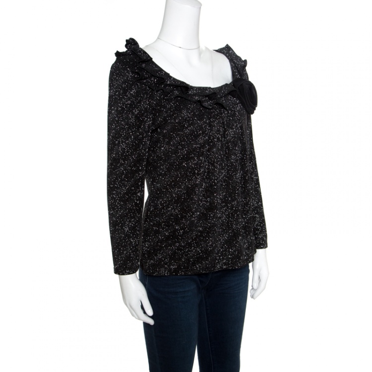 Pre Owned Armani Collezioni Black Glitter Ruffled Neckline Floral Applique Detail Top L