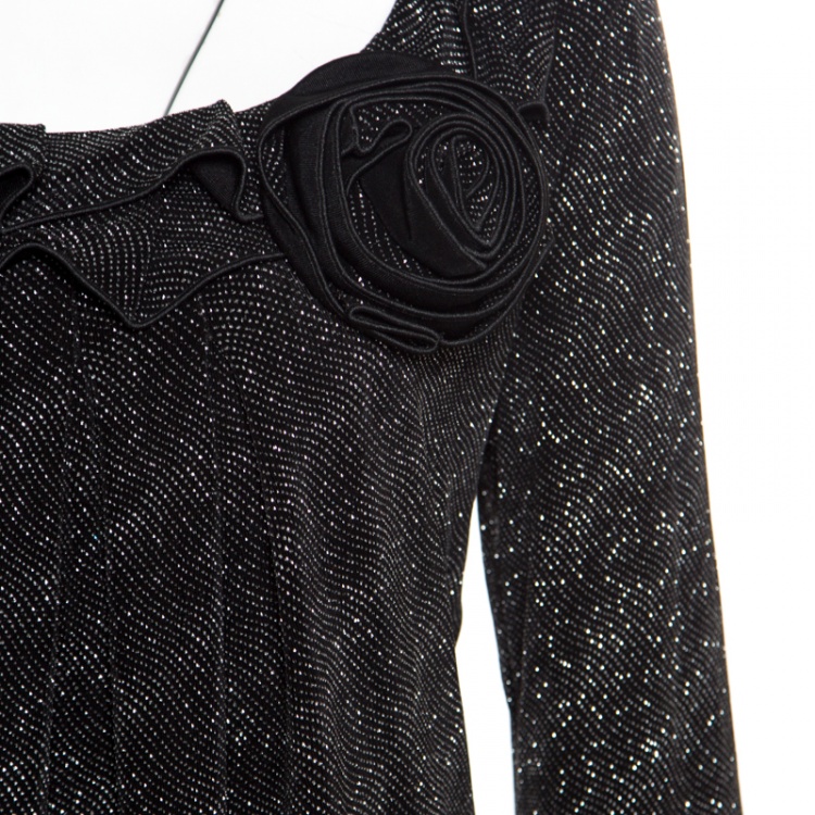 Pre Owned Armani Collezioni Black Glitter Ruffled Neckline Floral Applique Detail Top L
