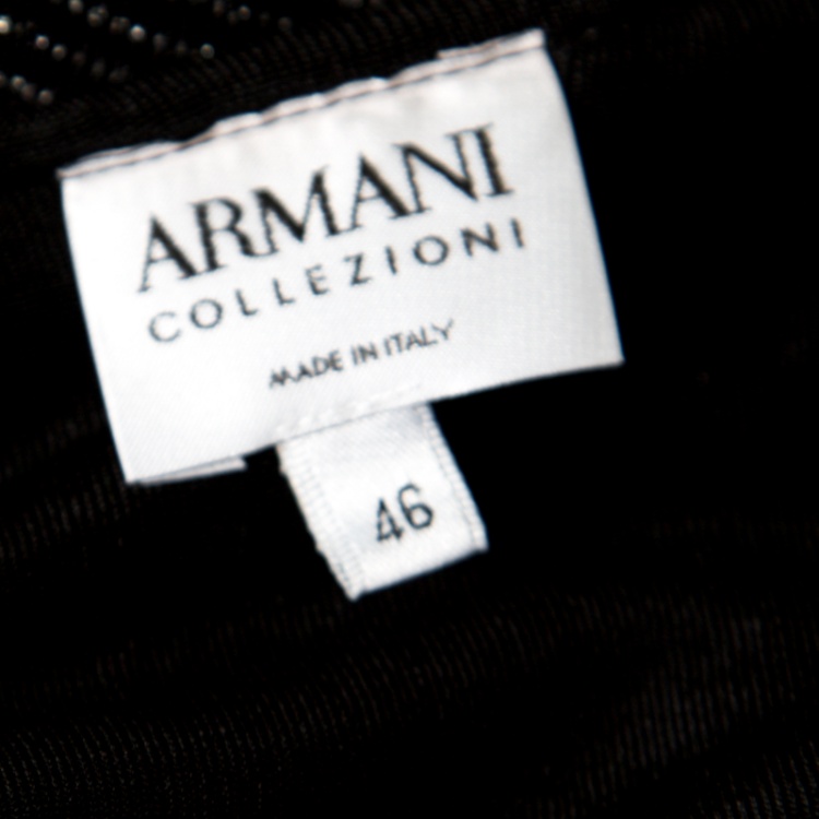 Pre Owned Armani Collezioni Black Glitter Ruffled Neckline Floral Applique Detail Top L