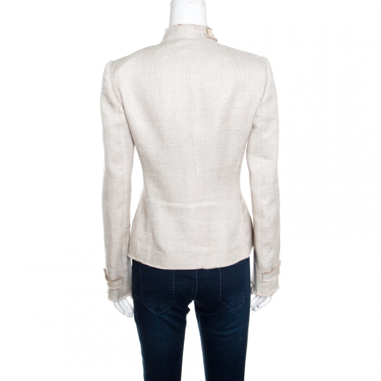 Pre Owned Armani Collezioni Beige Textured Linen Frayed Edge Detail Blazer M