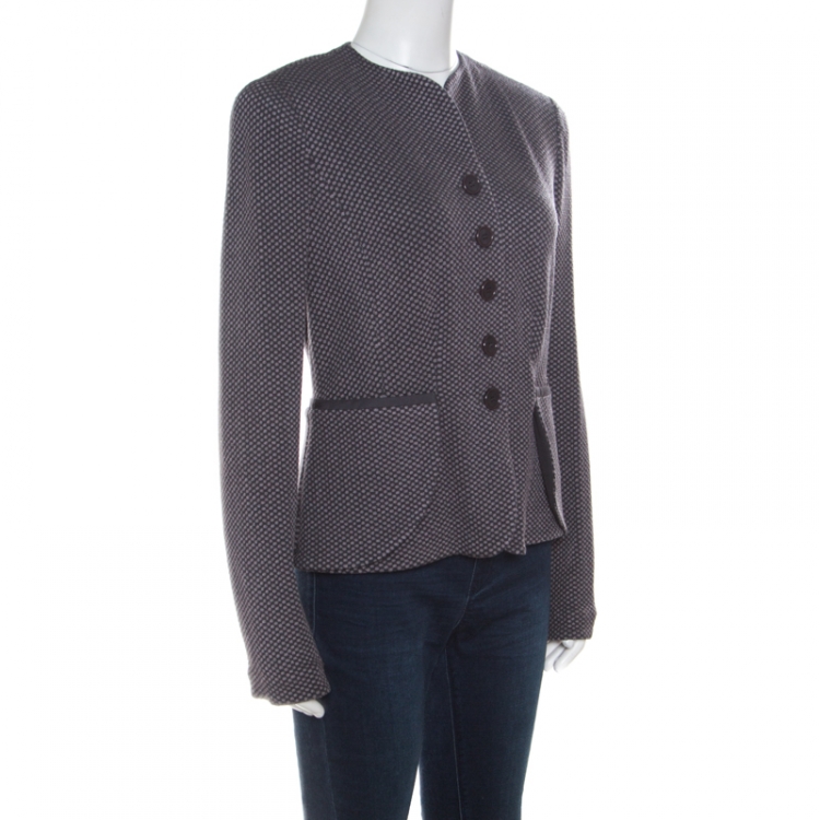Pre Owned Armani Collezioni Dark Grey Textured Wool Jacquard Knit Buttoned Jacket L